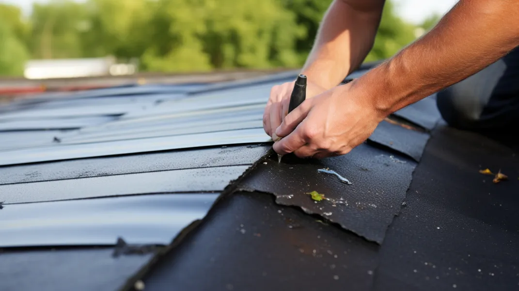 Green house with a dark gray metal roof and solar panels, fronted by a wooden porch and green lawn, under a blue sky.