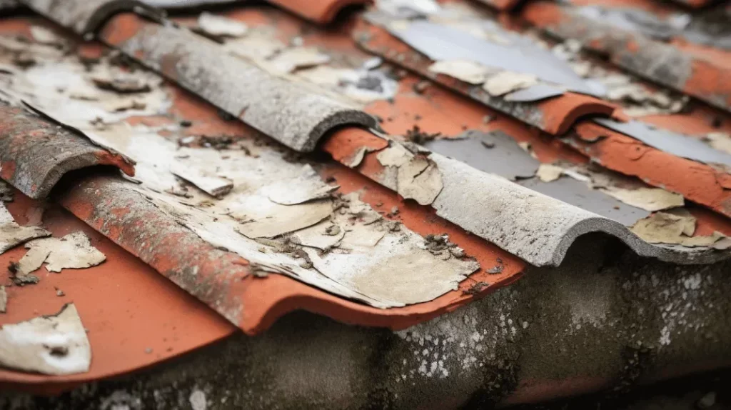 Close-up of a neglected tile roof with peeling paint, showing red and gray tiles covered in debris and mold.