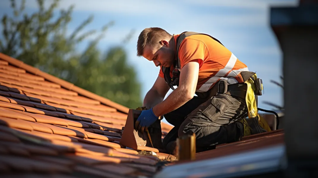 Roofer on a terracotta tiled roof, wearing an orange shirt, safety harness, and gloves, working on a vent.